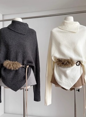 蝙蝠袖针织衫女秋冬季穿搭韩系气质不规则斗篷毛衣外套上衣配毛绳