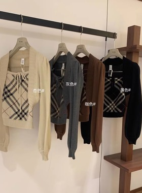 法式甜辣妹格纹毛衣抹胸内搭上衣+长袖针织开衫巨好看早秋两件套