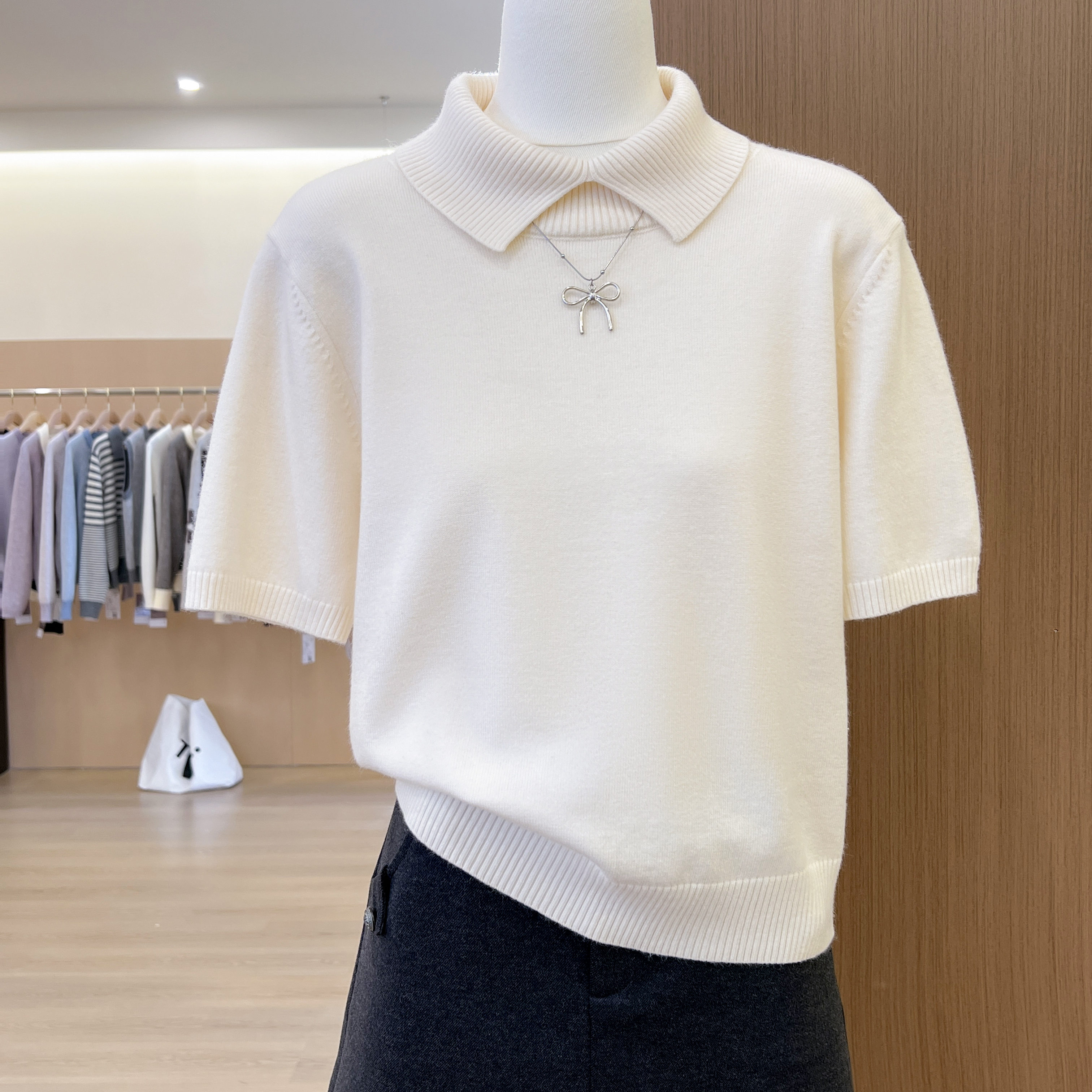 小翻领套头短袖针织衫显瘦毛衣