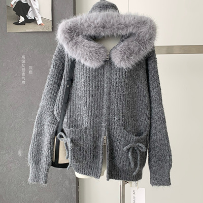 白色毛领连帽毛衣外套女秋冬厚女