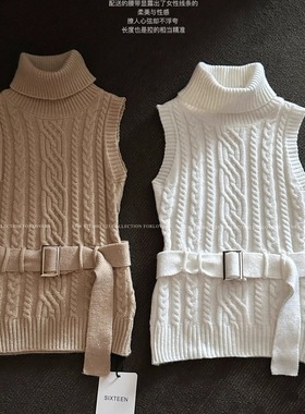 高领针织背心女秋冬修身内搭绝美好看马甲无袖叠穿毛衣上衣+腰带
