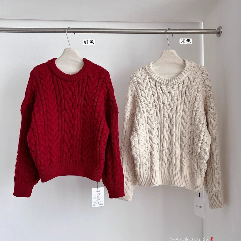 韩代同款高品质粗针麻花毛衣女秋冬季穿搭宽松圆领针织衫加厚款