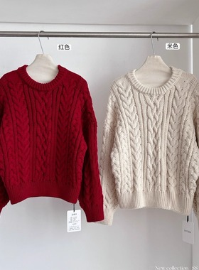 韩代同款高品质粗针麻花毛衣女秋冬季穿搭宽松圆领针织衫加厚款