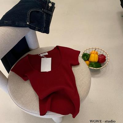 红色方领露锁骨短袖针织t恤女夏