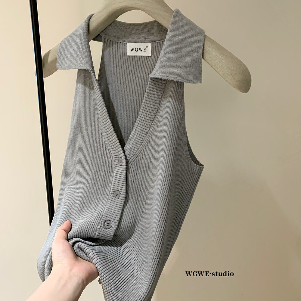 老钱风气质polo领针织无袖背心女