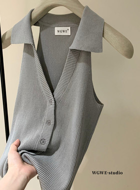 老钱风气质polo领针织无袖背心女夏外穿修身绝美漂亮挂脖无袖上衣