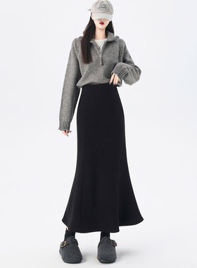 灰色加绒加厚毛呢鱼尾半身裙女秋冬高腰显瘦垂感气质a字包臀长裙