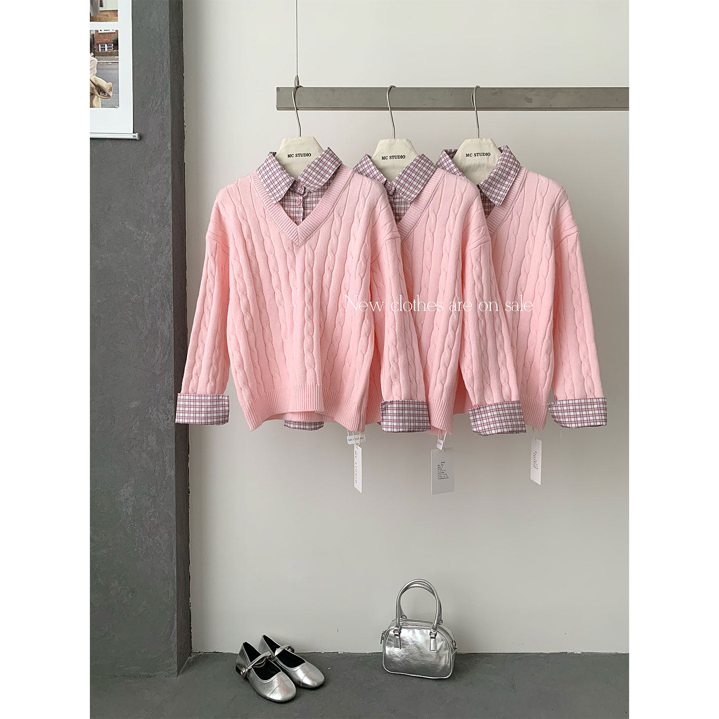 韩系粉色假两件毛衣女秋冬衬衫拼接内搭针织衫独特超好看上衣冬季,女装/女士精品,毛针织衫,淘宝优惠券,粉丝福利购,淘宝优惠卷