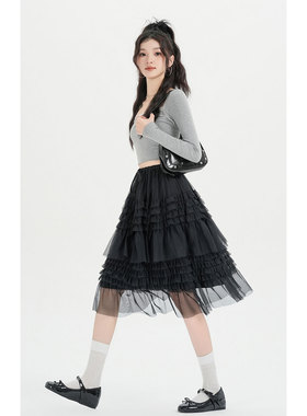 温柔风黑色蛋糕纱裙2026春季高腰设计感重工荷叶边网纱蓬蓬半身裙