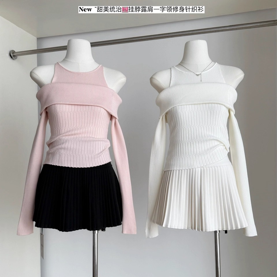 巨好看的假两件一字肩内搭针织衫