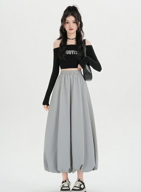 黑色花苞长款半身裙女2026春季新款法式泡泡灯笼裙子梨形蓬蓬裙子