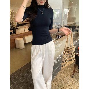 韩系绝美中袖T恤女装初夏2026春季新款爆款修身半高领五分袖上衣