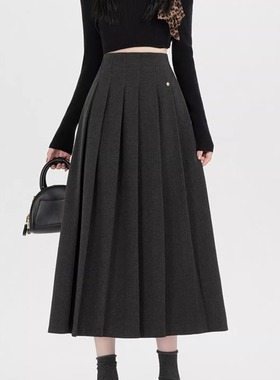 灰色百褶毛呢半身裙女秋冬新款气质高腰显瘦高级a字伞裙西装裙子