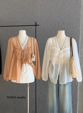 微透抽褶系带V领长袖衬衫女秋季宽松法式新款气质轻薄小衫衬衣