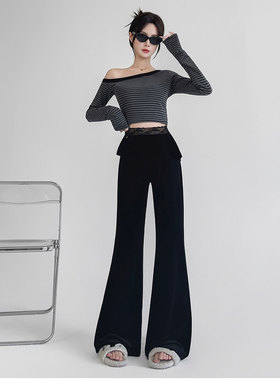 蕾丝拼接假两件黑色丝绒喇叭裤2026春季新款高腰辣妹显瘦休闲裤子