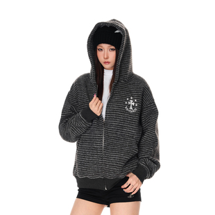 SREK美式复古字母刺绣宽松开衫外套秋款拉链百搭条纹女卫衣上衣