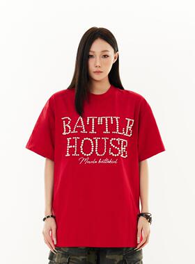 SREK 美式复古钉珠字母短袖T恤男女夏季情侣国潮高街宽松半袖上衣