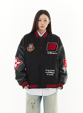 SREK 美式复古徽章字母印花潮牌外套女秋季学院风宽松休闲棒球服