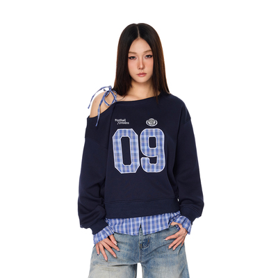 SREK复古辣妹格纹拼接斜领卫衣女秋季新款美式宽松吊带长袖上衣