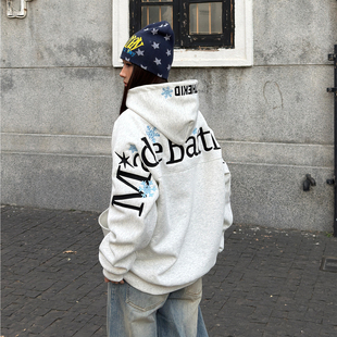 SREK新款 嘻哈风连帽卫衣男女情侣宽松字母雪花刺绣百搭上衣 美式