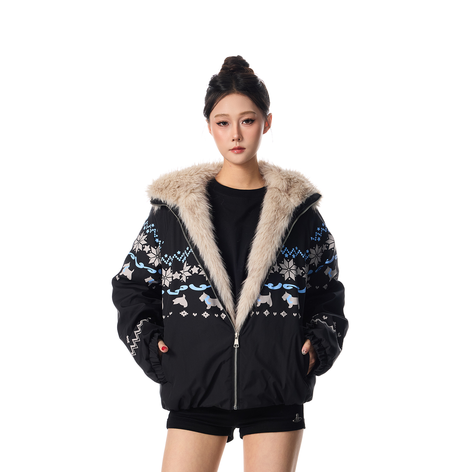 SREK费尔岛复古雪花座山雕毛领连帽棉服外套男女秋冬新款情侣棉衣