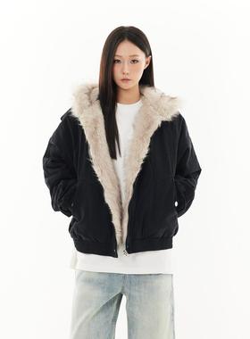 SREK座山雕加厚加绒毛绒领棉服女秋冬季重磅保暖宽松情侣棉衣外套