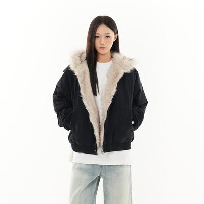 座山雕加厚加绒毛绒领棉服外套