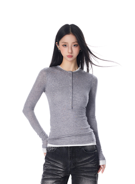 SREK灰色亨利领上衣女2025秋季辣妹收腰显瘦内搭假两件长袖打底衫