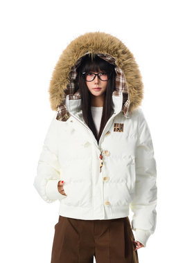 SREK冬季新款美式百搭复古毛领连帽棉服女短款加厚保暖棉衣外套