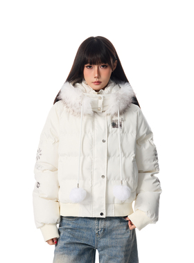 SREK冬季新款美式复古毛领派克棉服女短款加厚保暖连帽外套百搭