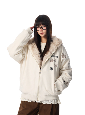 SREK新款高街风雪花印花连帽拉链棉服男女同款宽松毛领开衫外套