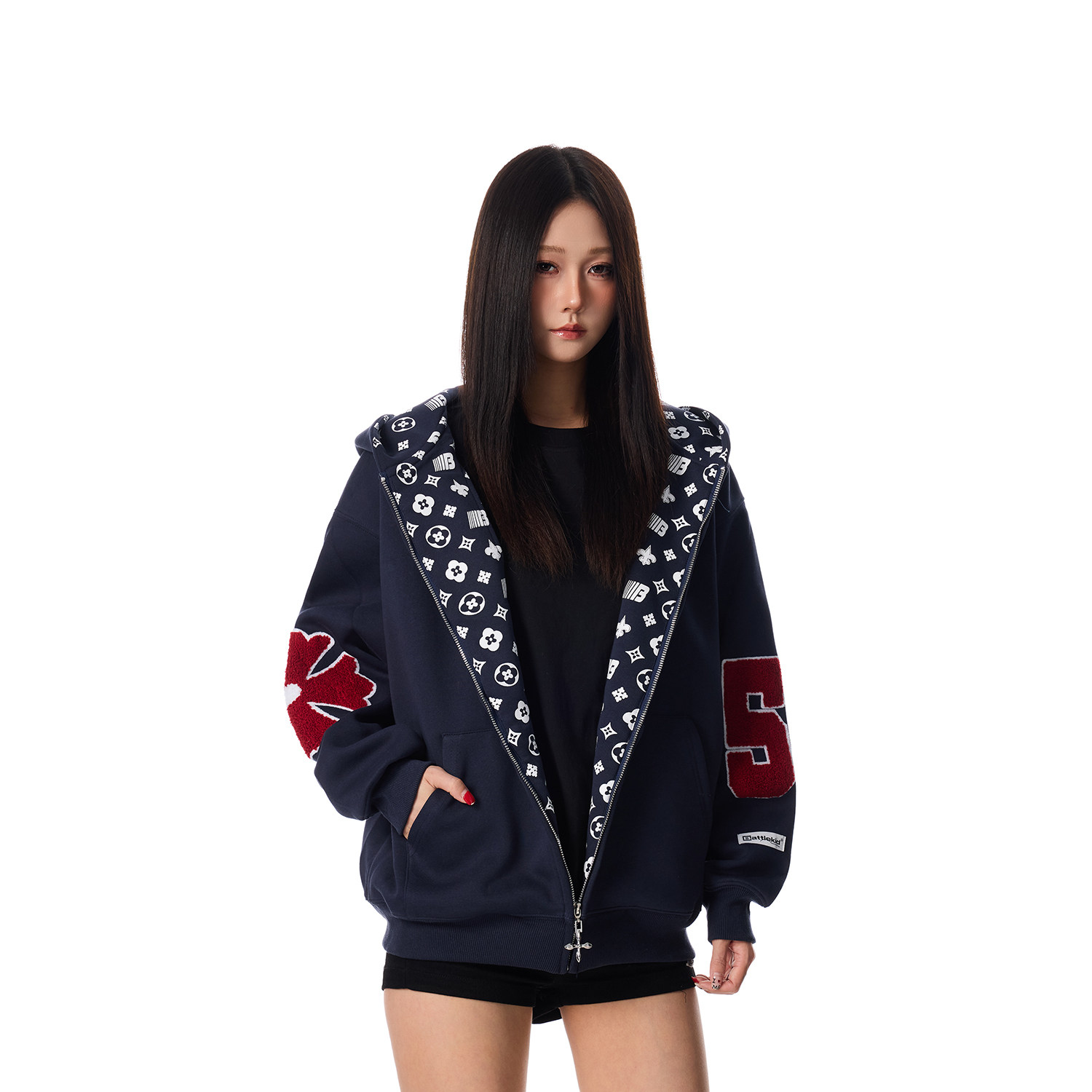 SREK秋冬美式格纹复古宽松休闲字母拉链印花开衫连帽卫衣女