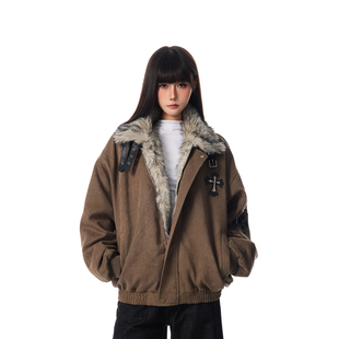 SREK新款美式复古毛领棉服男女宽松街头风加厚夹克外套设计感棉袄