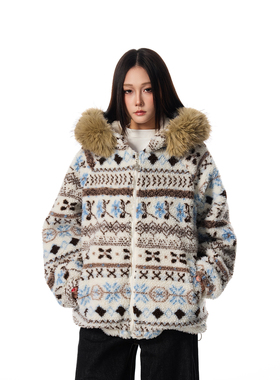 SREK美式复古民族风提花毛领连帽棉服女冬季宽松保暖上衣