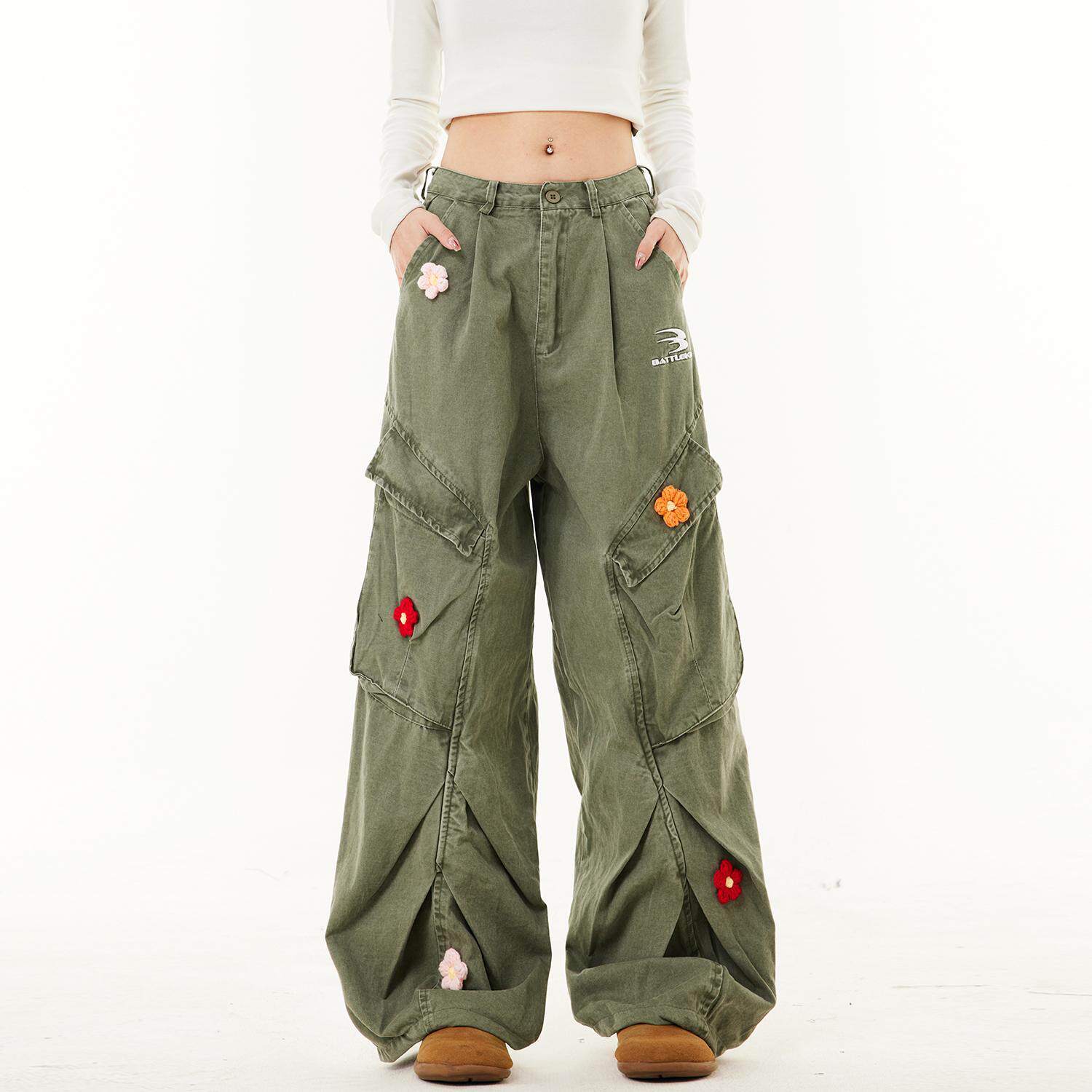 SREK美式复古花朵刺绣伞兵工装牛仔裤男女春季高街多口袋阔腿长裤