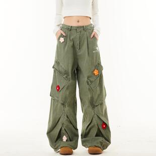 SREK美式复古花朵刺绣伞兵工装牛仔裤男女春季高街多口袋阔腿长裤