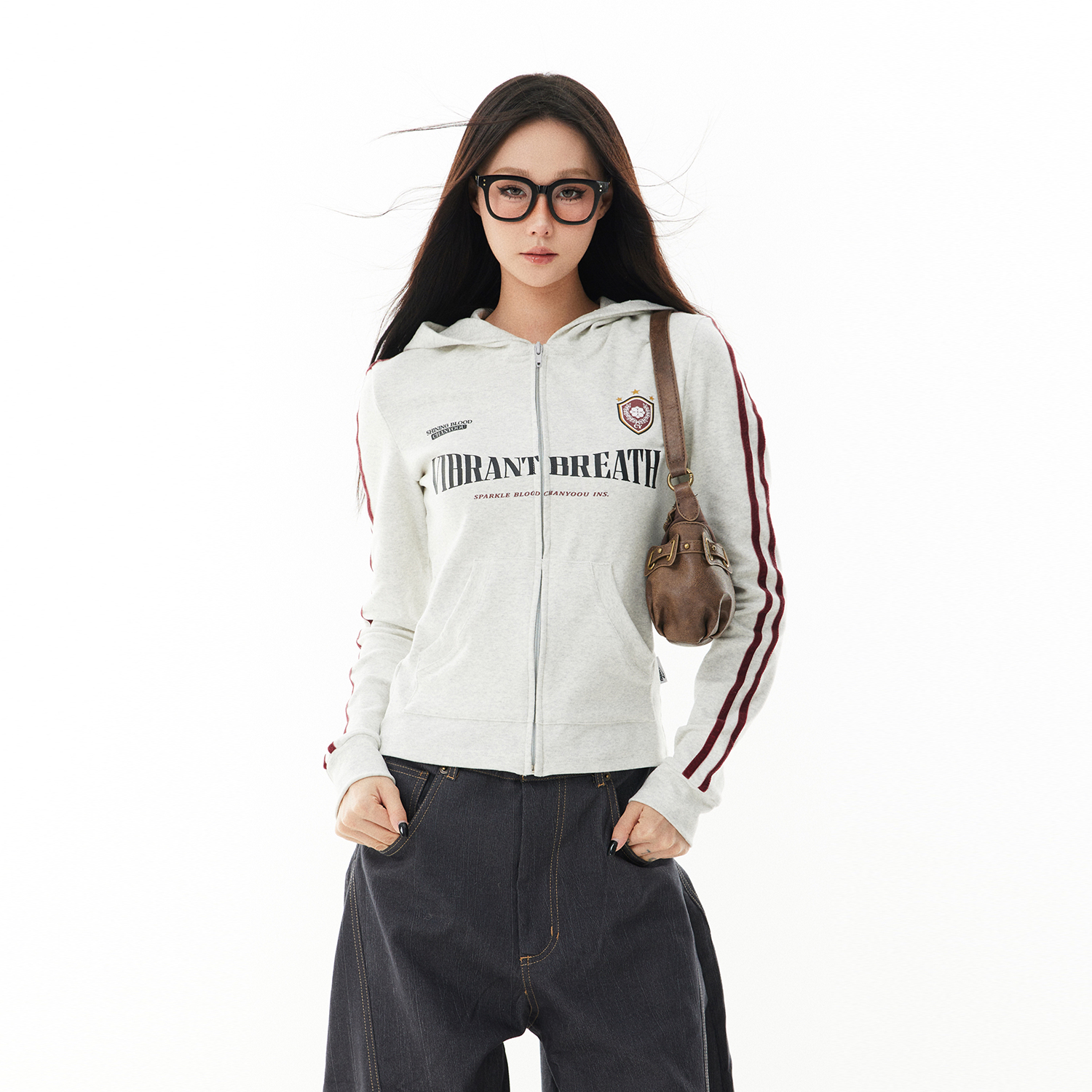 SREK美式复古修身拉链连帽卫衣女