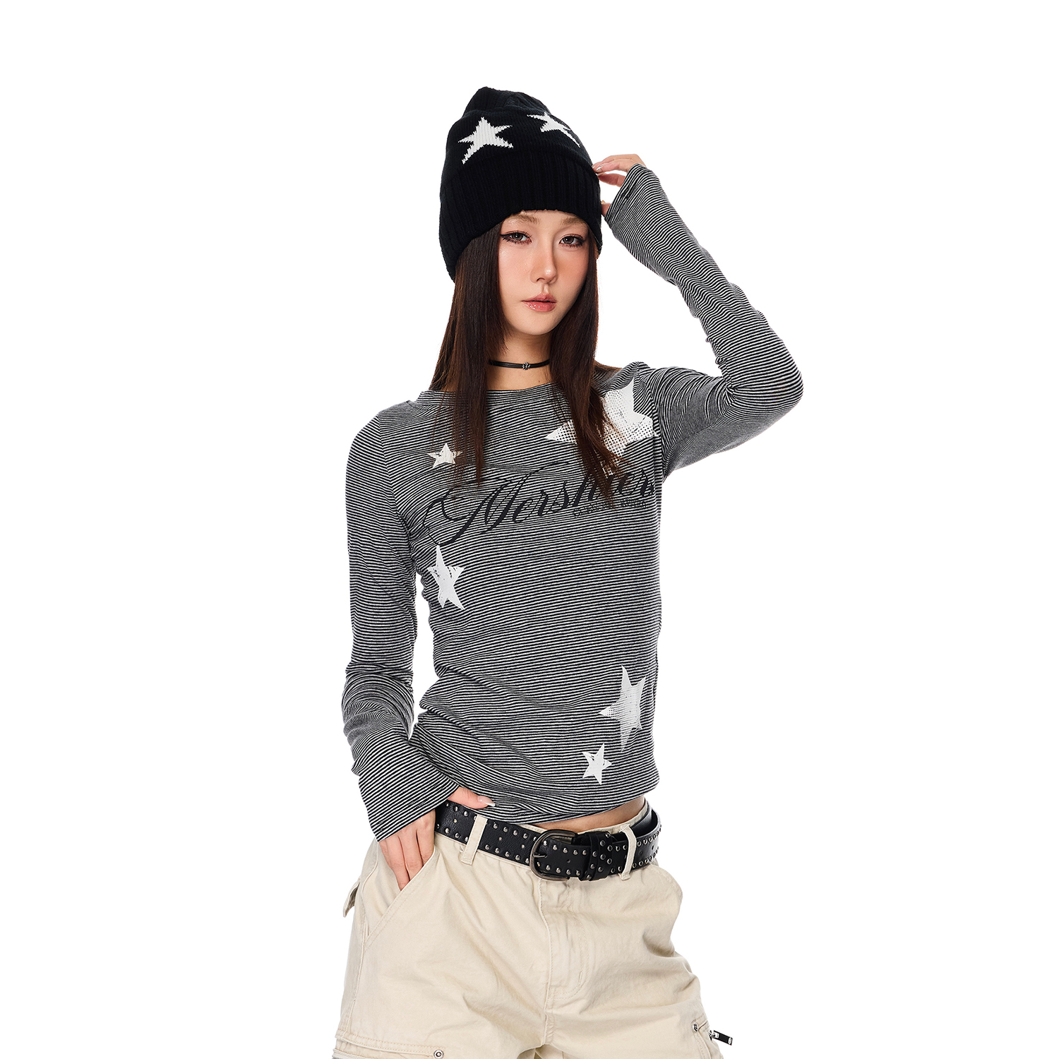 SREK美式复古辣妹星星印花条纹内搭长袖T恤女秋季打底衫上衣新款