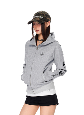 SREK美式复古辣妹连帽卫衣女秋季新款修身显瘦拉链开衫长袖外套