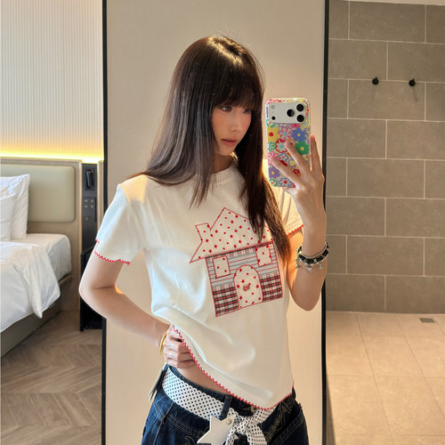 美式复古刺绣显瘦短袖T恤女
