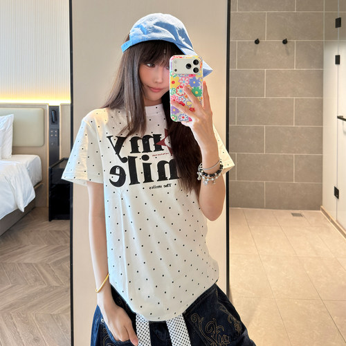 美式复古字母波点短袖T恤女百搭