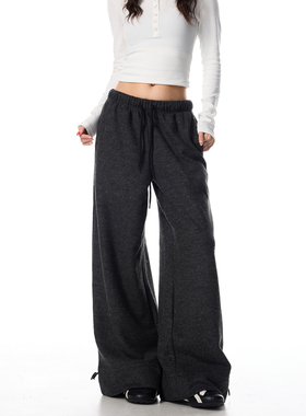 SREK秋冬美式慵懒风灰色松紧腰抽绳卫裤女宽松阔腿裤垂坠感休闲裤