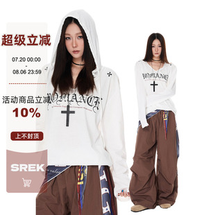 罩衫 SREK美式 设计感薄款 哥特风字母印花v领连帽长袖 上衣 T恤女夏季