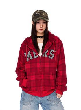 SREK美式复古字母刺绣格子连帽开衫卫衣男女街头宽松红色帽衫外套