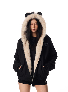 SREK复古麂皮绒兔耳座山雕毛领棉服外套男女冬季国潮宽松休闲棉衣