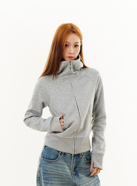 SREK美式复古灰色连帽卫衣女早秋修身显瘦长袖拉链短外套上衣潮