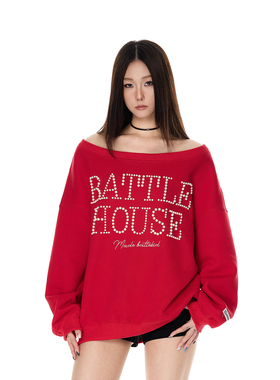 SREK原创设计字母珍珠钉珠连帽卫衣女斜肩露肩高级感潮牌情侣上衣