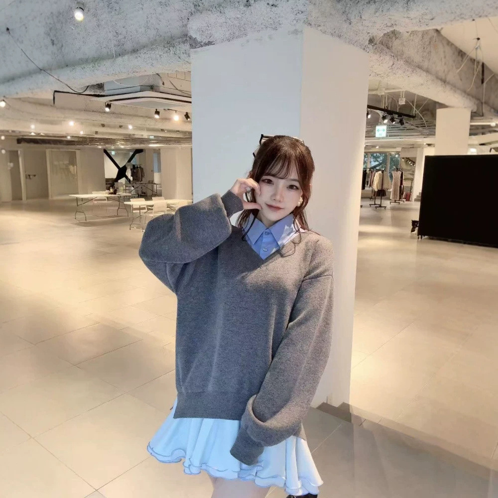 2025秋冬新品甜美拼接衬衫领毛衣