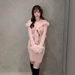 露肩针织连衣裙纯欲风蝴蝶结毛边修身 包臀毛衣短裙