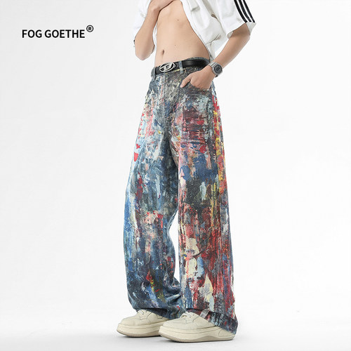 FOG GOETHE春秋季多巴胺涂鸦牛仔裤学生男女款潮流宽松直筒休闲裤